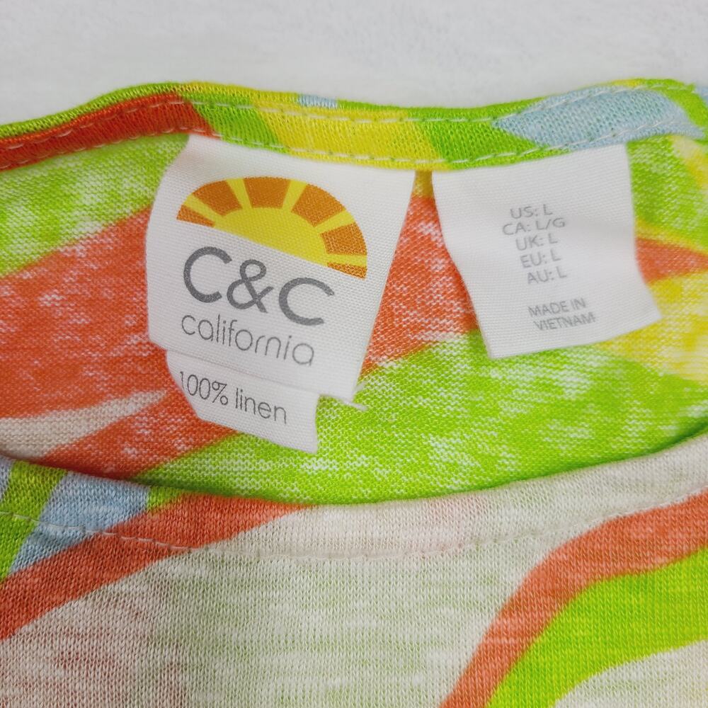 C&C California Linen Top Large Tropical Print Neon Green Summer Vacation Blouse - Picture 3 of 6